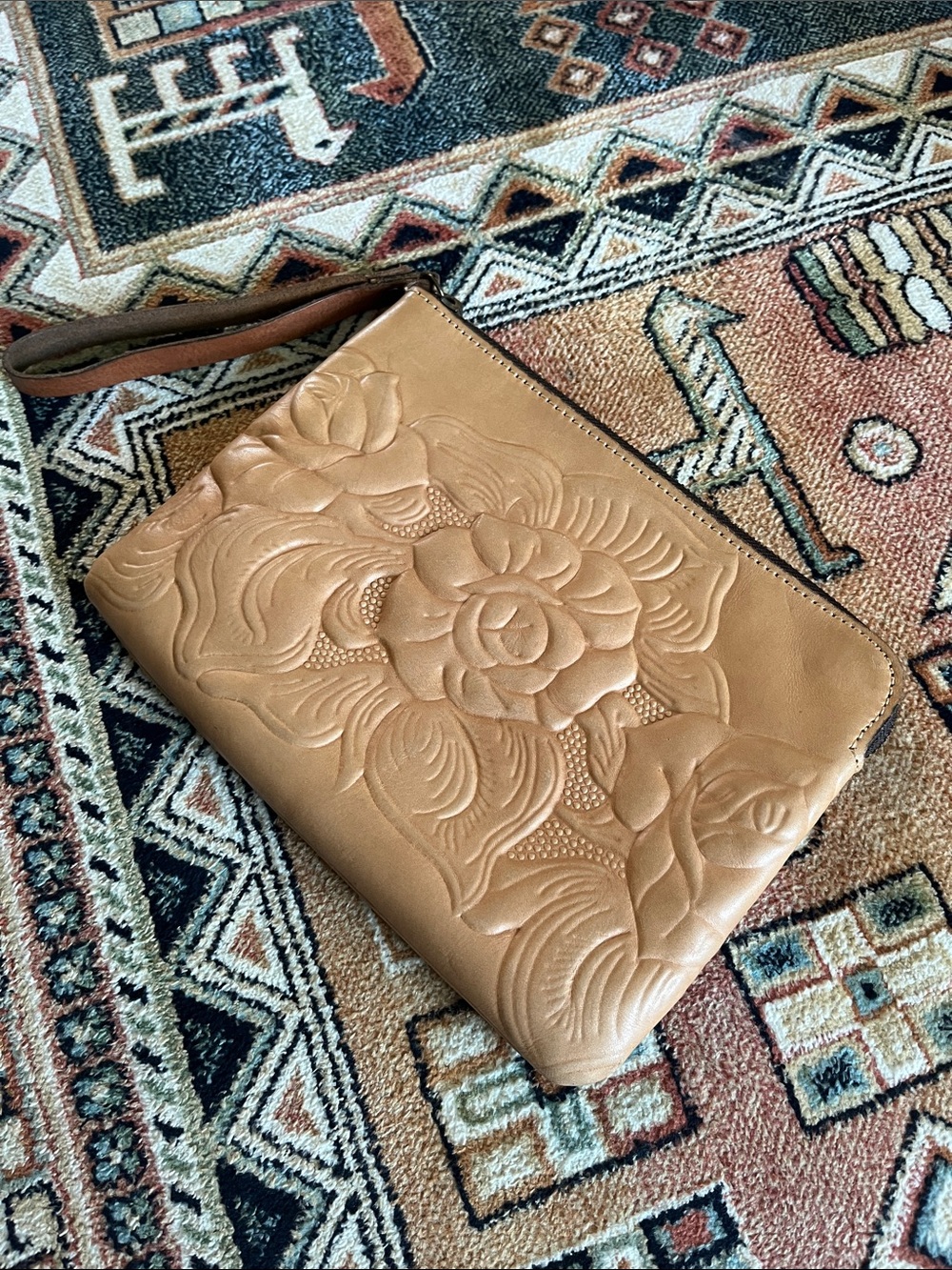 Patricia Nash Tan Hand-Tooled Floral Leather Wristlet
